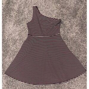 SO One Shoulder Fit and Flare Juniors Dress Striped Burgundy White Size Large
